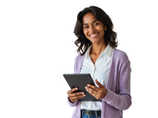 Business portrait isolated on white transparent background: A smiling woman with wavy dark hair holds a tablet and looks directly at the camera, wearing a white shirt and a purple cardigan against a
