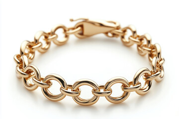 Fototapeta premium Gold bracelet with a detailed link design, reflecting light, set against a dark background.
