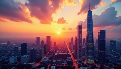 Fototapeta premium Modern cityscape at sunset with skyscrapers and office buildings, business, sunset