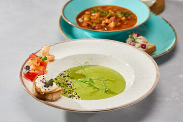 Elegant Broccoli Cream Soup with Shrimp Modern Culinary Artistry in Vibrant Colors