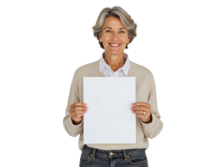 Business portrait isolated on white transparent background: A smiling older woman with silver hair holds a blank white paper in front of her, looking directly at the camera against a plain white bac