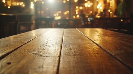 Wooden table with clean surface, warm ambiance, abstract blurred background, soft overhead light. Minimalist elegance in a cozy setting.
