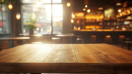 Wooden table with clean surface, warm ambiance, abstract blurred background, soft overhead light. Minimalist elegance in a cozy setting.