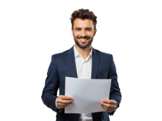 Business portrait isolated on white transparent background: A smiling young man in a navy suit confidently presents a document to the viewer against a clean white background.