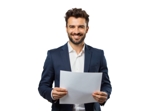 Business portrait isolated on white transparent background: A smiling young man in a navy suit confidently presents a document to the viewer against a clean white background.