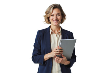 Business portrait isolated on white transparent background: A confident businesswoman with shoulder-length blonde hair smiles while holding a notebook and tablet in a professional setting.