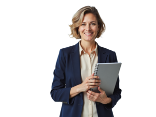 Business portrait isolated on white transparent background: A confident businesswoman with shoulder-length blonde hair smiles while holding a notebook and tablet in a professional setting.