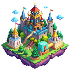 Obraz premium Colorful Fantasy Castle Illustration with Floating Island and Turrets