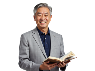 Business portrait isolated on white transparent background: A smiling Asian man in his sixties, with gray hair and a blazer, holds an open book and looks directly at the viewer.