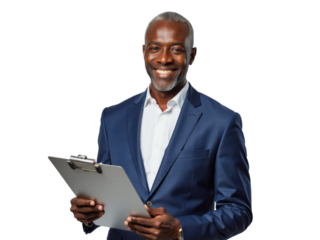 Business portrait isolated on white transparent background: A confident, mature Black man wearing a navy blazer and white shirt smiles directly at the camera while holding a clipboard against a neut