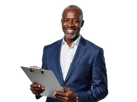 Business portrait isolated on white transparent background: A confident, mature Black man wearing a navy blazer and white shirt smiles directly at the camera while holding a clipboard against a neut