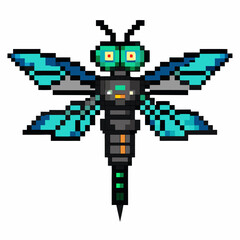 Obraz premium Futuristic Pixel Art Dragonfly with Vibrant Blue Wings in Retro Style