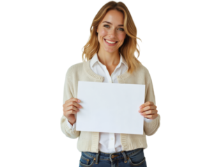 Business portrait isolated on white transparent background: A smiling young woman with blonde hair presents a blank white paper to the camera against a plain white background.