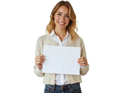 Business portrait isolated on white transparent background: A smiling young woman with blonde hair presents a blank white paper to the camera against a plain white background.