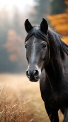 Obraz premium Majestic black horse stands poised in a golden autumn field surrounded by soft morning light