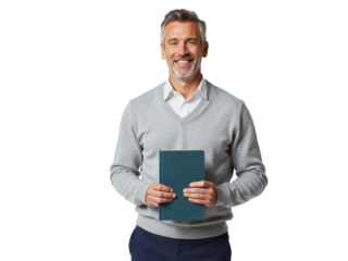Business portrait isolated on white transparent background: A smiling middle-aged man with graying hair and a salt-and-pepper beard confidently holds a teal notebook while standing against a plain w