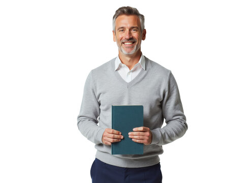 Business portrait isolated on white transparent background: A smiling middle-aged man with graying hair and a salt-and-pepper beard confidently holds a teal notebook while standing against a plain w