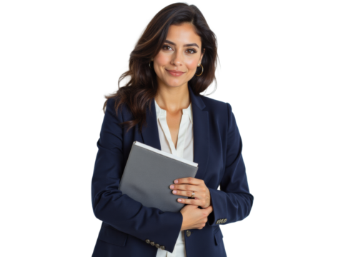 Business portrait isolated on white transparent background: A confident woman with dark hair and warm eyes smiles gently while holding a tablet and leaning against a plain white wall, dressed in a p
