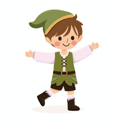 Happy and cute boy in a green hat and vest runs to hug on white background. Poster, Banner, Flyer, Greeting Card. Vector illustration in flat cartoon style