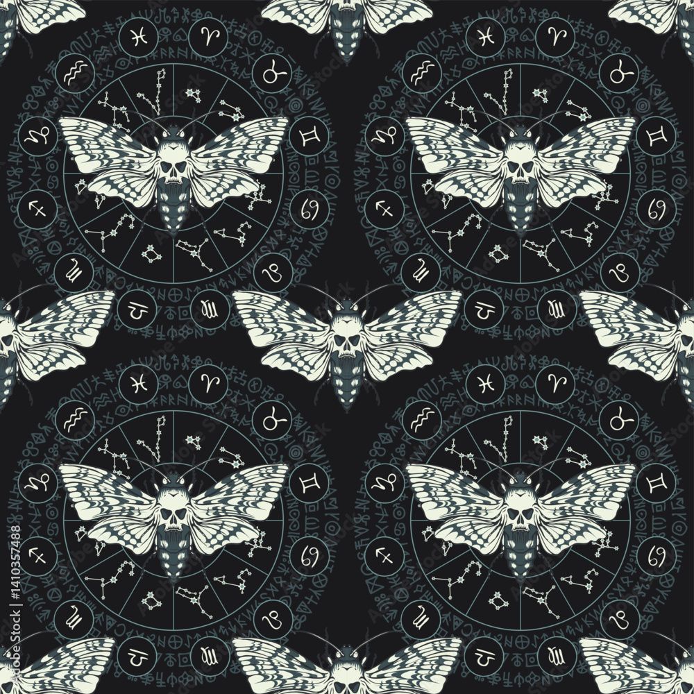 Aufkleber vector seamless pattern with butterfly death's head on dark background with occult signs and zodiac 