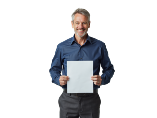 Business portrait isolated on white transparent background: A smiling, mature man with graying hair and a beard holds a blank white sheet of paper in front of him against a plain gray background.