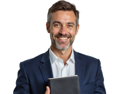 Business portrait isolated on white transparent background: A smiling, mature man with graying hair and a salt-and-pepper beard confidently holds a notebook while wearing a navy blazer and white shi