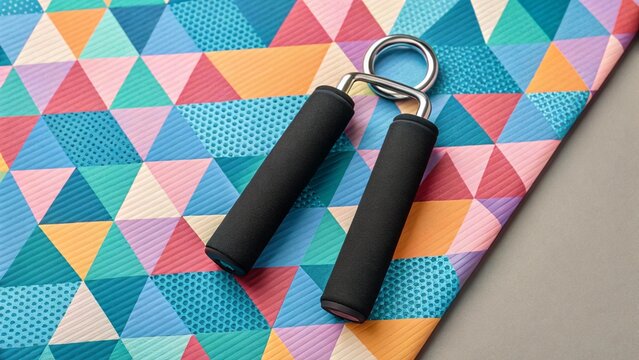 This image shows a black foam hand grip with a silver spring lying on a bright and multicolored triangular design