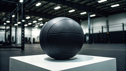 A black medicine ball sits centered on a white square platform in a blurred gym environment with exercise equipment in the background
