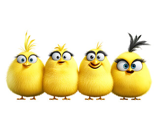 Fototapeta premium Four cute baby chicks in two rows playful arrangement colorful environment fun viewpoint