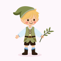 Happy and cute boy in a green hat and vest holds a twig from a tree on white background. Poster, Banner, Flyer, Greeting Card. Vector illustration in flat cartoon style