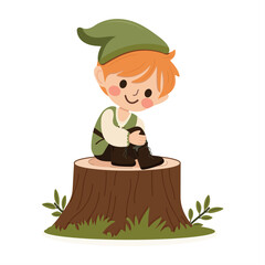 Happy and cute boy in a green hat and vest sitting on a log on white background. Poster, Banner, Flyer, Greeting Card. Vector illustration in flat cartoon style