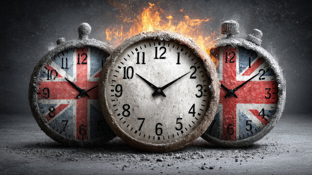 Global chaos represented through burning flags, melting clocks, and flying money amidst approaching storms and instability