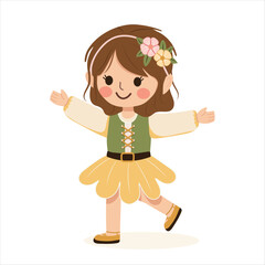 Happy and cute girl with a flower in her hair runs to hug on white background. Poster, Banner, Flyer, Greeting Card. Vector illustration in flat cartoon style
