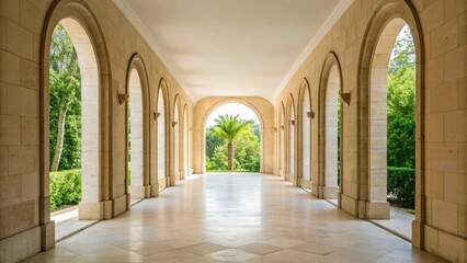 An elegant, light-filled corridor with arched openings revealing lush greenery on one side and closed wooden doors on the other