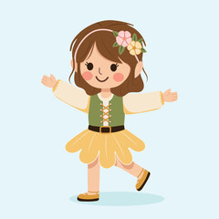 Happy and cute girl with a flower in her hair runs to hug. Poster, Banner, Flyer, Greeting Card. Vector illustration in flat cartoon style