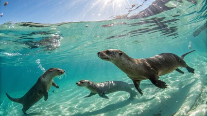 Obraz premium Three river otters swim together in clear, turquoise water, with sunlight filtering from above