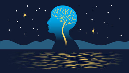 Silhouette of a head in profile, inside which a tree looks like a brain. Illustration on the theme of a human brain, mind, meditation, psychology