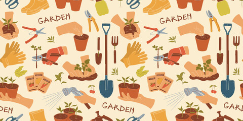 Seamless Gardening Activities Vector Pattern