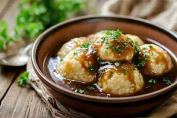 A brown bowl holds several pale, round dumplings covered in dark brown gravy and garnished with parsley. The bowl sits on a rustic wooden table next to a linen cloth