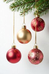 Christmas ornaments hanging from gold chains on isolated white background, gold leaf , bauble