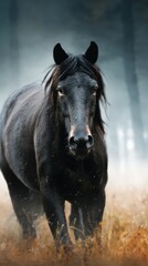 Majestic black horse trotting through foggy forest with golden grass at sunrise