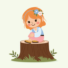 Happy and cute girl with a flower in her hair sitting on a log. Poster, Banner, Flyer, Greeting Card. Vector illustration in flat cartoon style