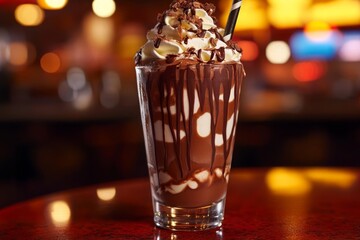 Chocolate milkshake in a glass, topped with whipped cream, chocolate shavings, and chocolate syrup drizzled on the side. It's on a red table, with a blurred bar background