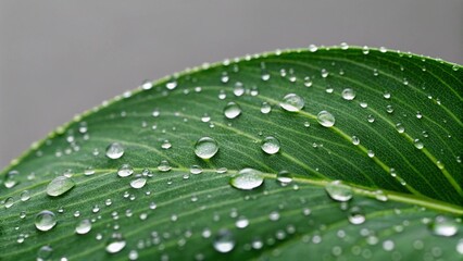 A single, vibrant green leaf, oval-shaped and covered in numerous glistening water droplets on a soft grey background