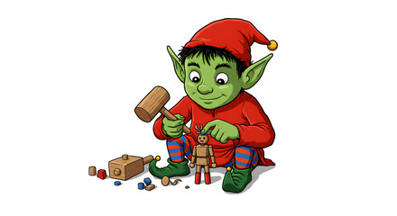 Green Elf Making Wooden Toy - Illustration