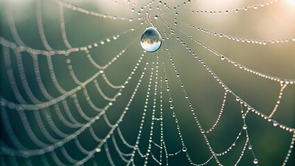 This image captures the delicate beauty of a spiderweb covered in sparkling water drops, with a large droplet suspended near the center