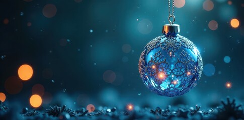 Fototapeta premium Blue-hued glass and metal Christmas tree ornament with intricate patterns and shapes suspended in mid-air, decorative shapes, metallic ornament