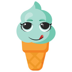 Mint green ice cream cone with happy face and tongue out, perfect for children’s projects, summer menu design, packaging, or playful food-related materials