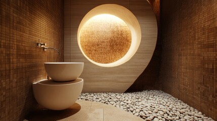 Modern spa bathroom design; oval window, pebble floor, serene ambiance; wellness brochure