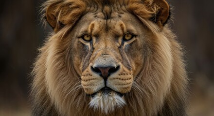 A close-up portrait of a magnificent lion, looking directly at the viewer with a strong gaze.